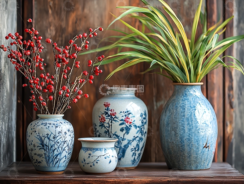 高清大图下载【趣麦麦图】-青花瓷花瓶与花卉静物