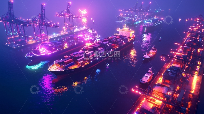 高清大图下载【趣麦麦图】夜晚港口灯光璀璨