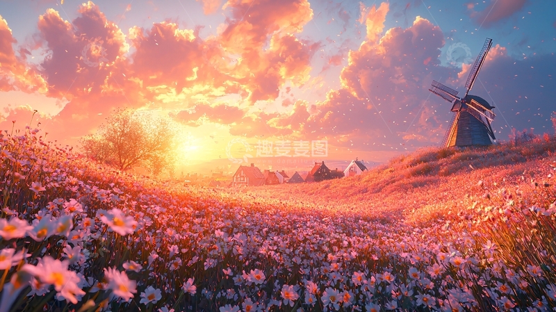 高清大图下载【趣麦麦图】夕阳下的花田风车