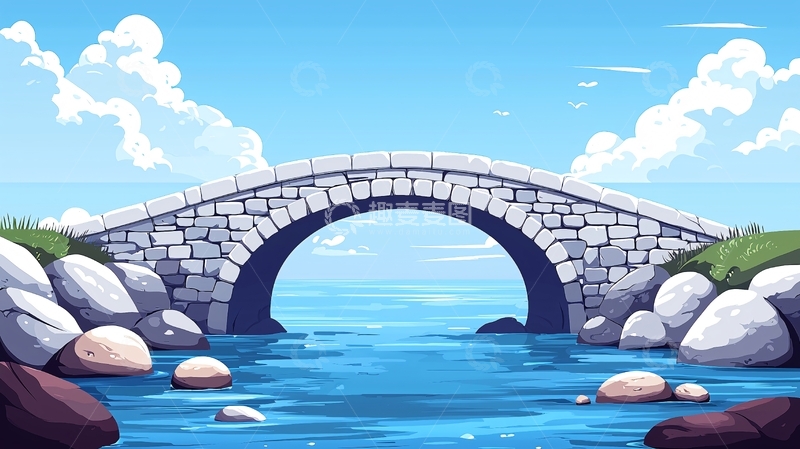 高清大图下载【趣麦麦图】卡通风格石桥流水