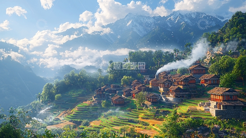 高清大图下载【趣麦麦图】山间村落云雾缭绕