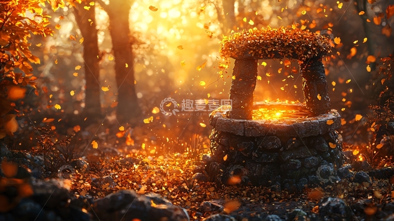 高清大图下载【趣麦麦图】秋日森林中的古老石井
