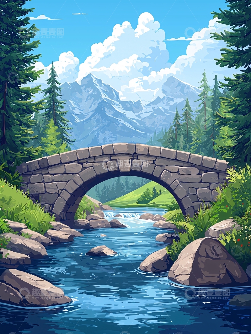 高清大图下载【趣麦麦图】小桥流水青山绿树