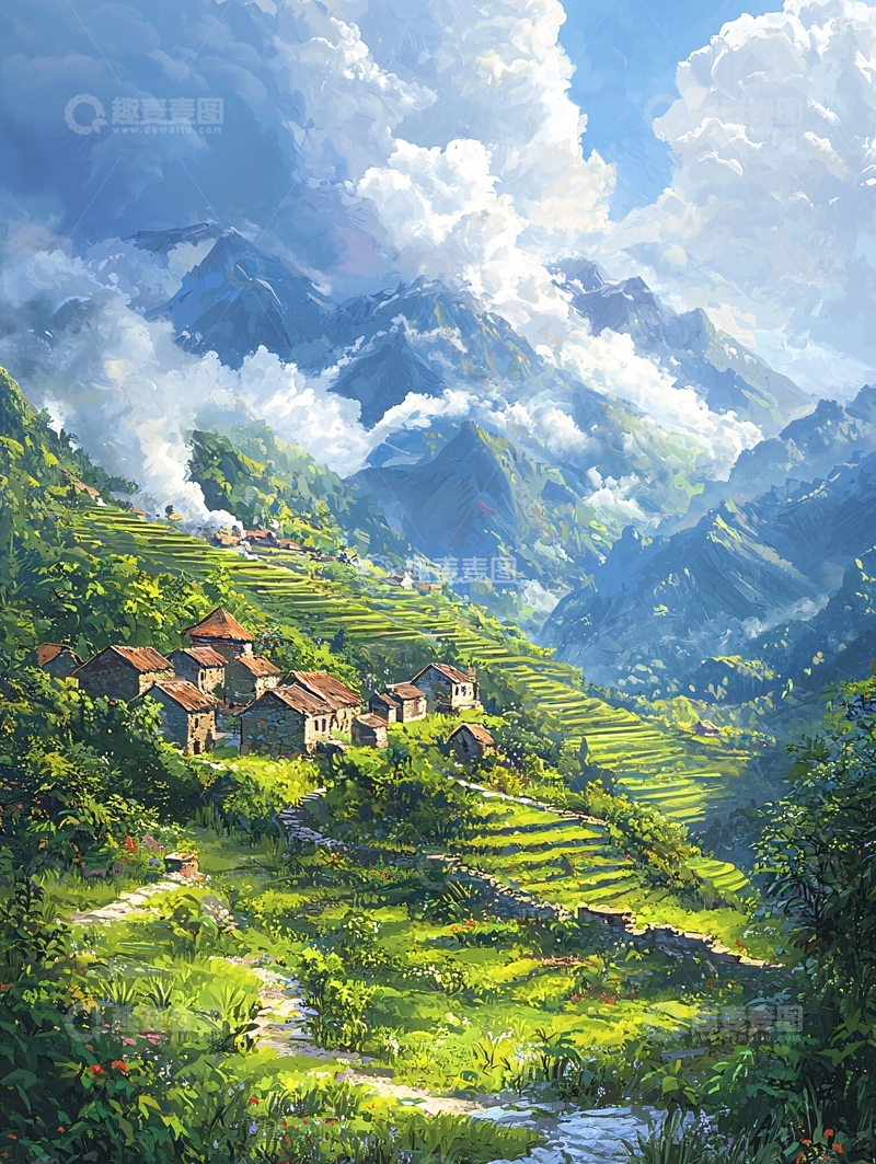 高清大图下载【趣麦麦图】山间梯田村落云雾缭绕