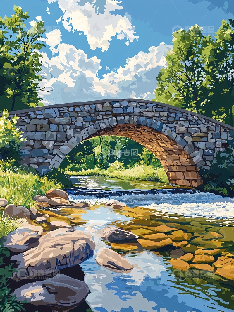 高清大图下载【趣麦麦图】石桥流水蓝天白云