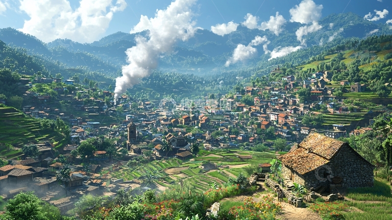 高清大图下载【趣麦麦图】山谷中的村庄景色