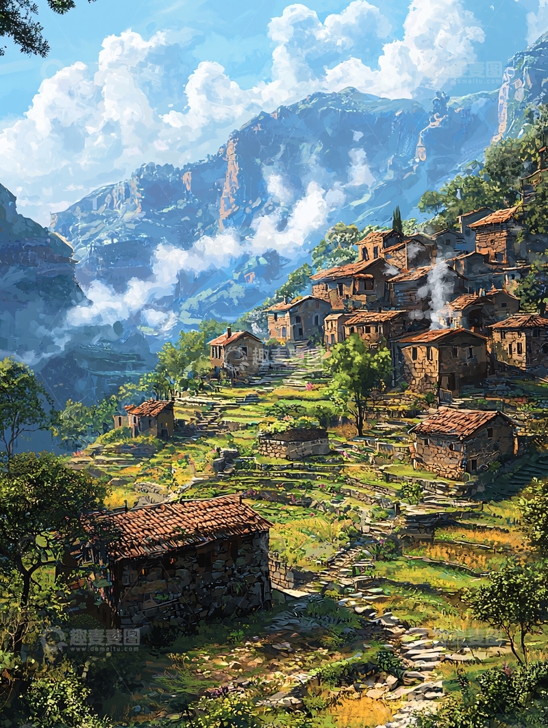 高清大图下载【趣麦麦图】山间村落风景如画
