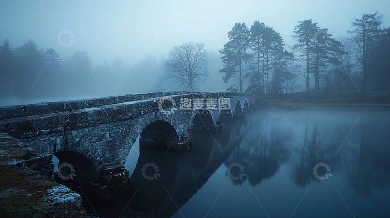 高清大图下载【趣麦麦图】雾气笼罩的石桥水面倒影