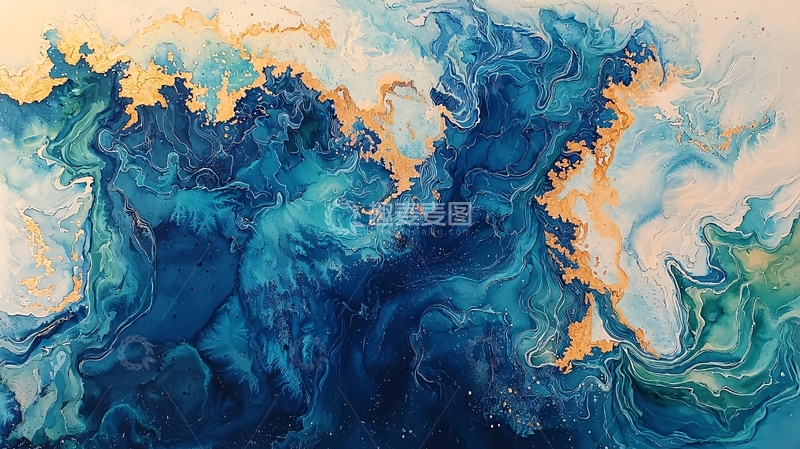 高清大图下载【趣麦麦图】抽象蓝色金色流动海洋