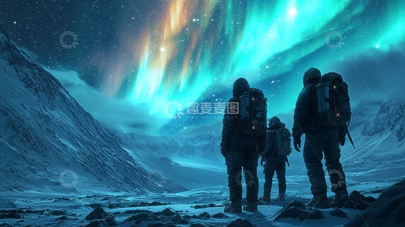 高清大图下载【趣麦麦图】极光下登山者的背影
