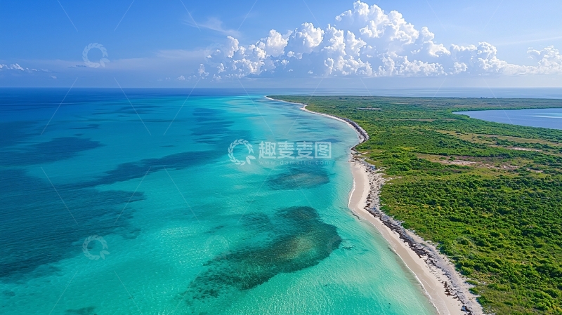 高清大图下载【趣麦麦图】蓝色海洋与绿色海岸线