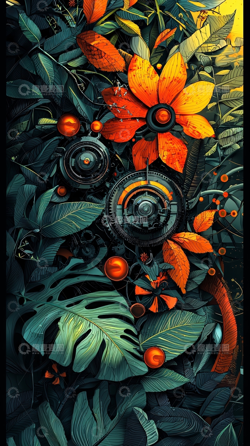 高清大图下载【趣麦麦图】机械花卉与绿色植物融合