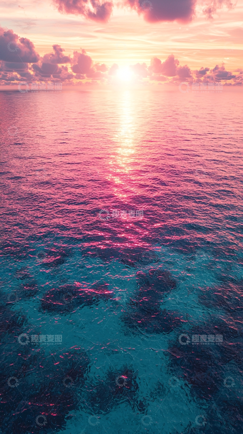 高清大图下载【趣麦麦图】粉色天空下的平静海面