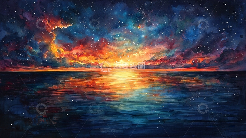 高清大图下载【趣麦麦图】星空海洋的绚丽日落