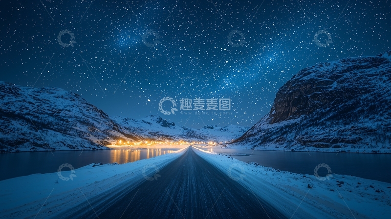 高清大图下载【趣麦麦图】星空下的雪山道路