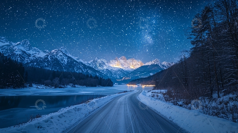 高清大图下载【趣麦麦图】雪夜山间公路