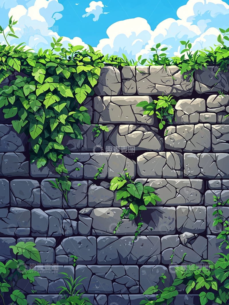 高清大图下载【趣麦麦图】石墙上的绿色植物