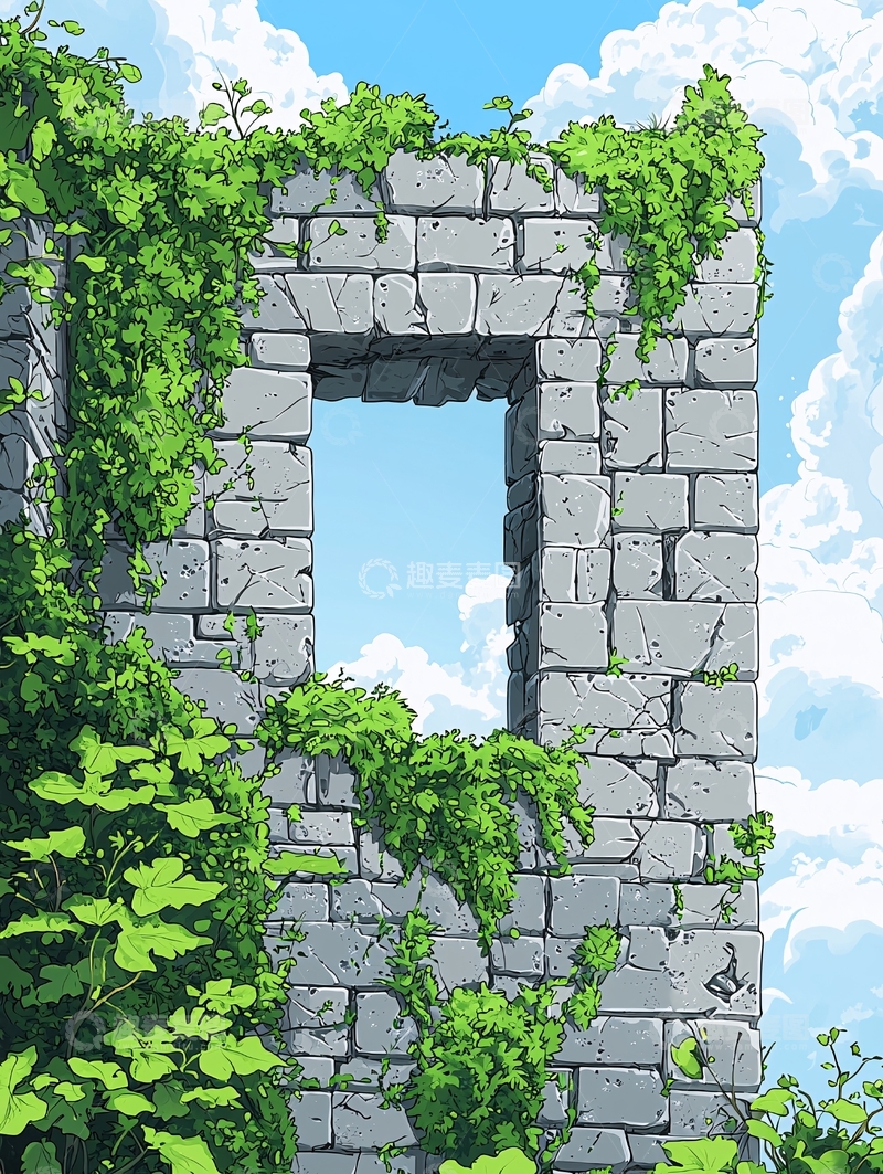 高清大图下载【趣麦麦图】砖石结构的绿色植物缠绕的遗迹