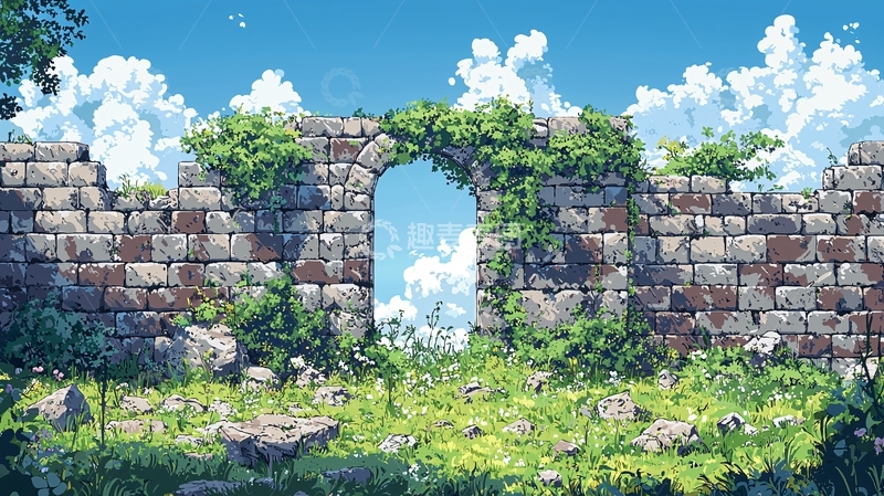 高清大图下载【趣麦麦图】动漫风格古老石墙拱门