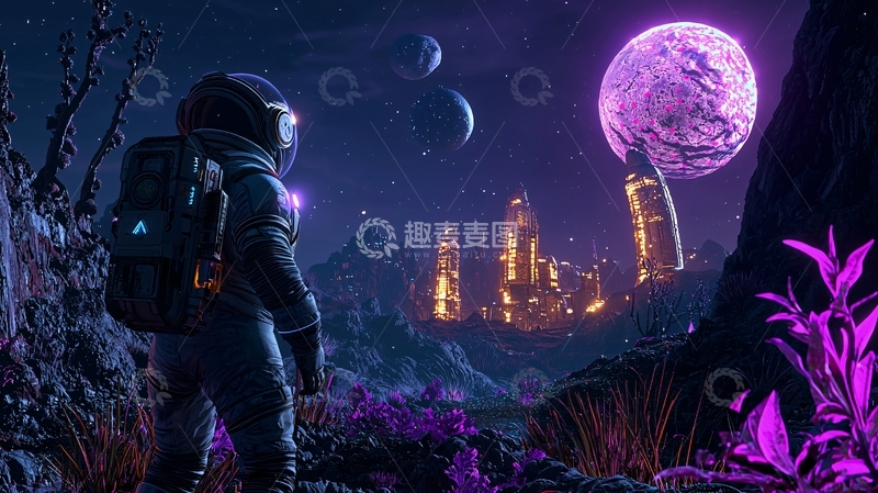 高清大图下载【趣麦麦图】宇航员凝视紫色星球