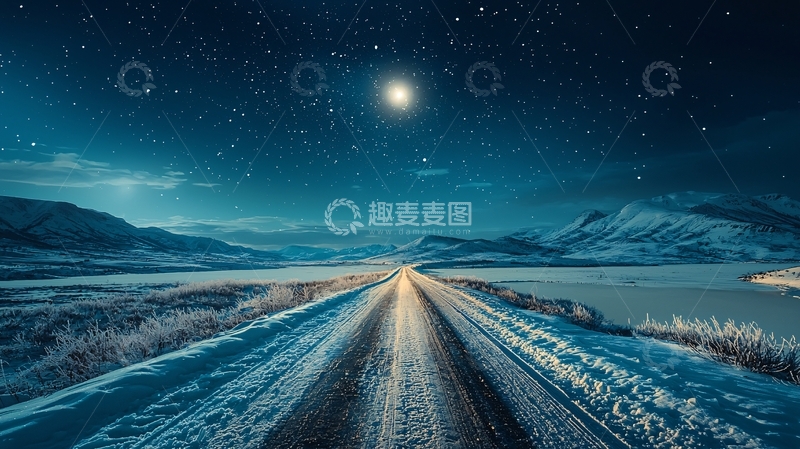 高清大图下载【趣麦麦图】夜空下的雪地公路