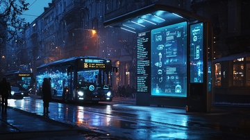 夜晚雨中公交车站