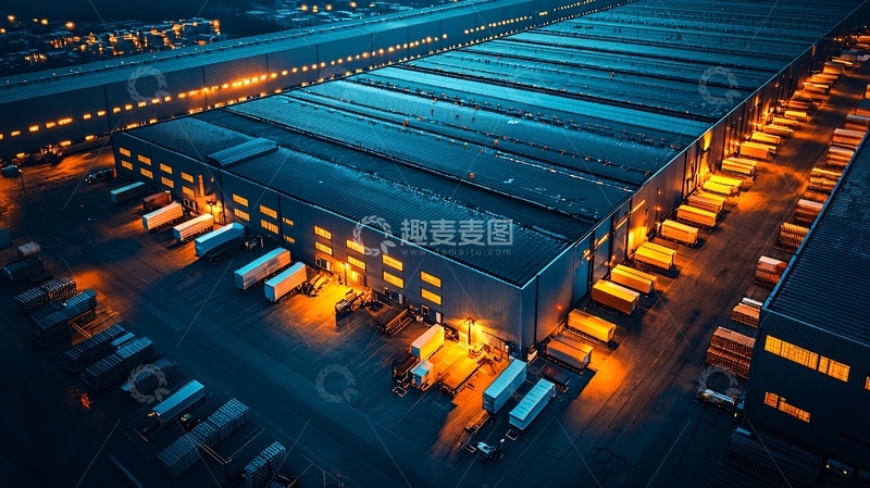 高清大图下载【趣麦麦图】夜间繁忙的物流仓库鸟瞰