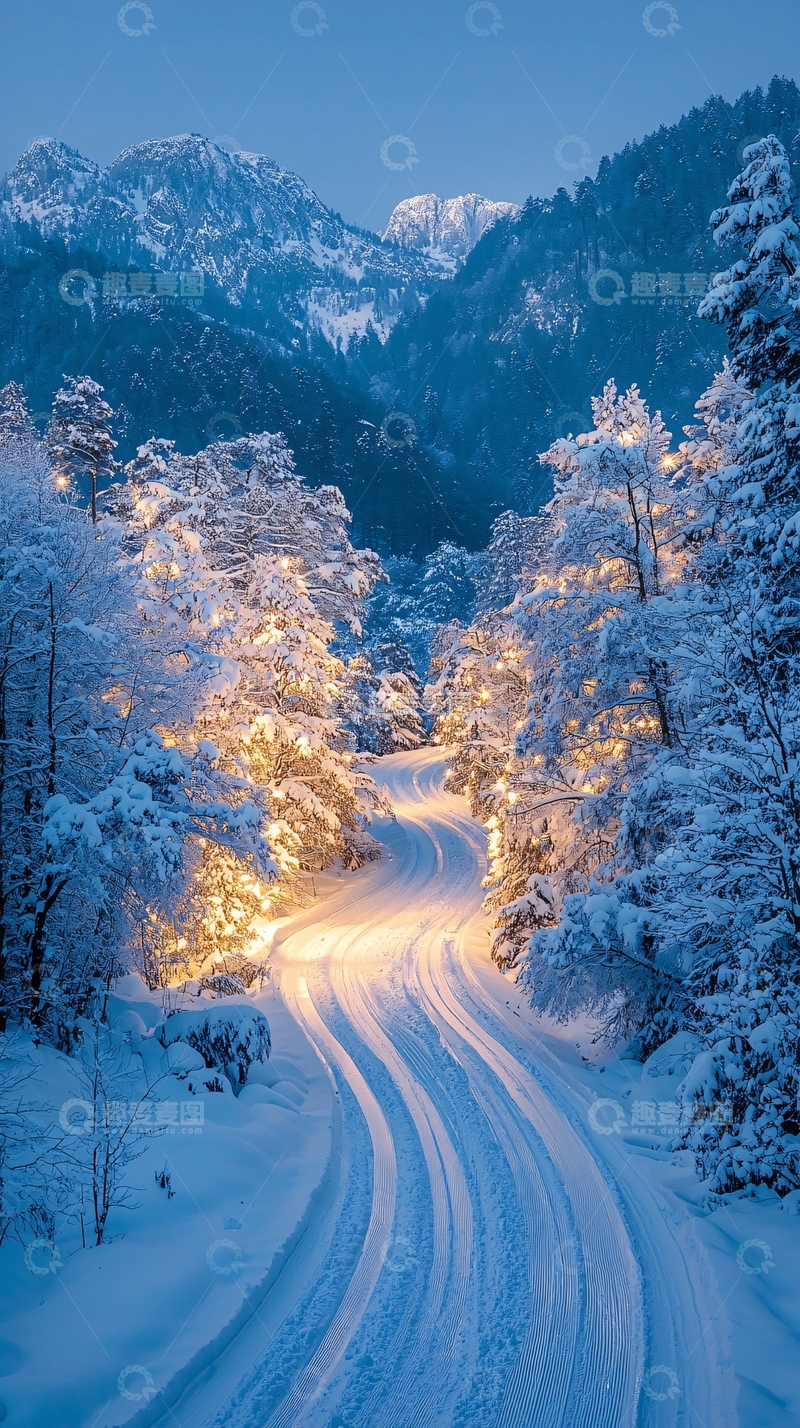 高清大图下载【趣麦麦图】雪夜山路
