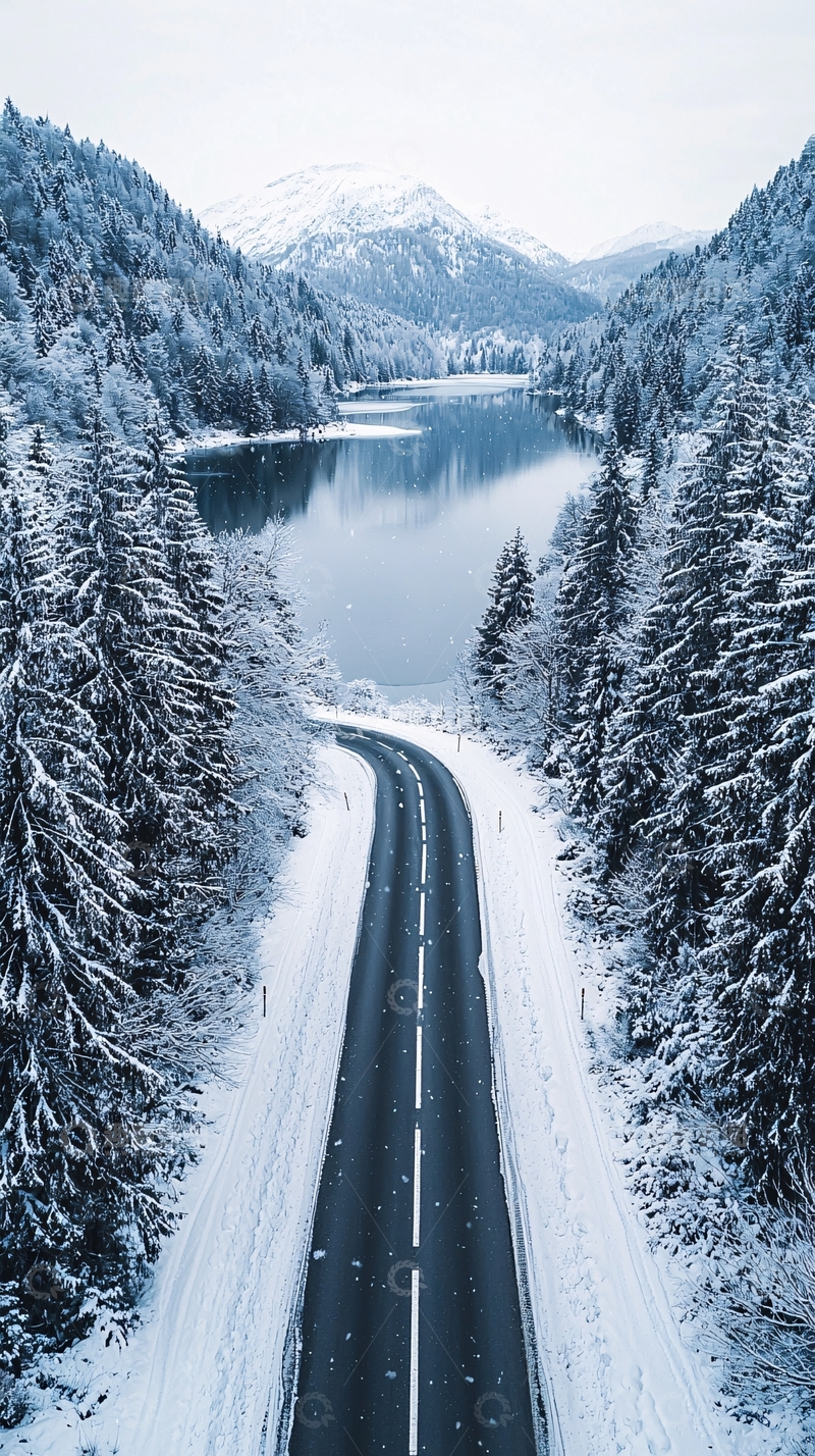 高清大图下载【趣麦麦图】雪山下的公路和湖泊