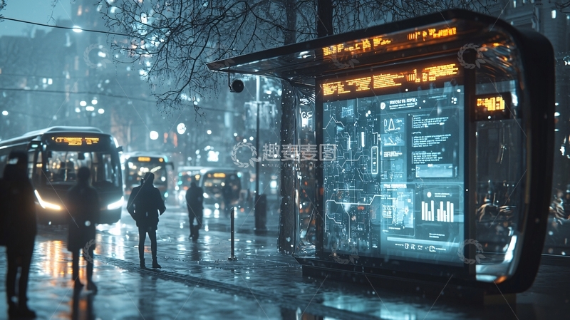 高清大图下载【趣麦麦图】夜晚雨中公交站台