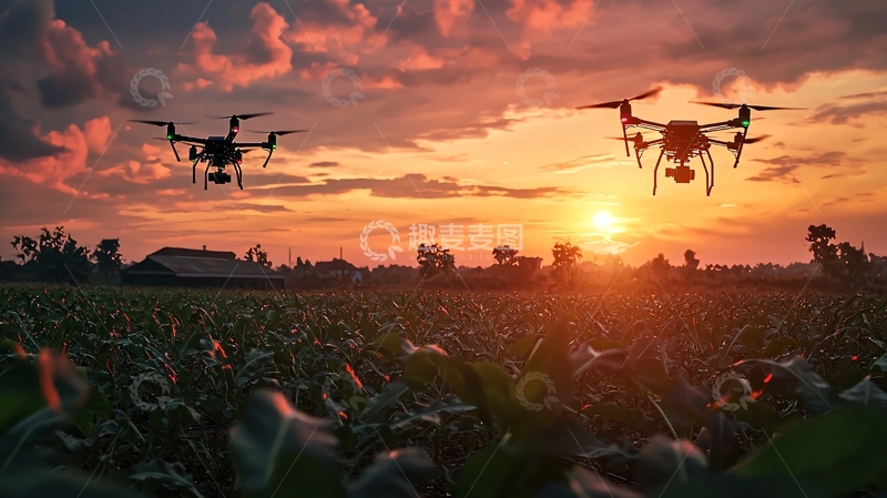 高清大图下载【趣麦麦图】夕阳下农田里两架无人机