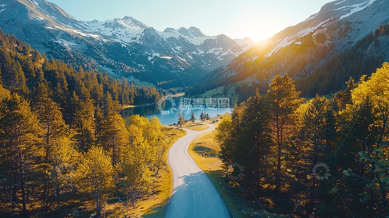 高清大图下载【趣麦麦图】山间公路湖泊森林日出