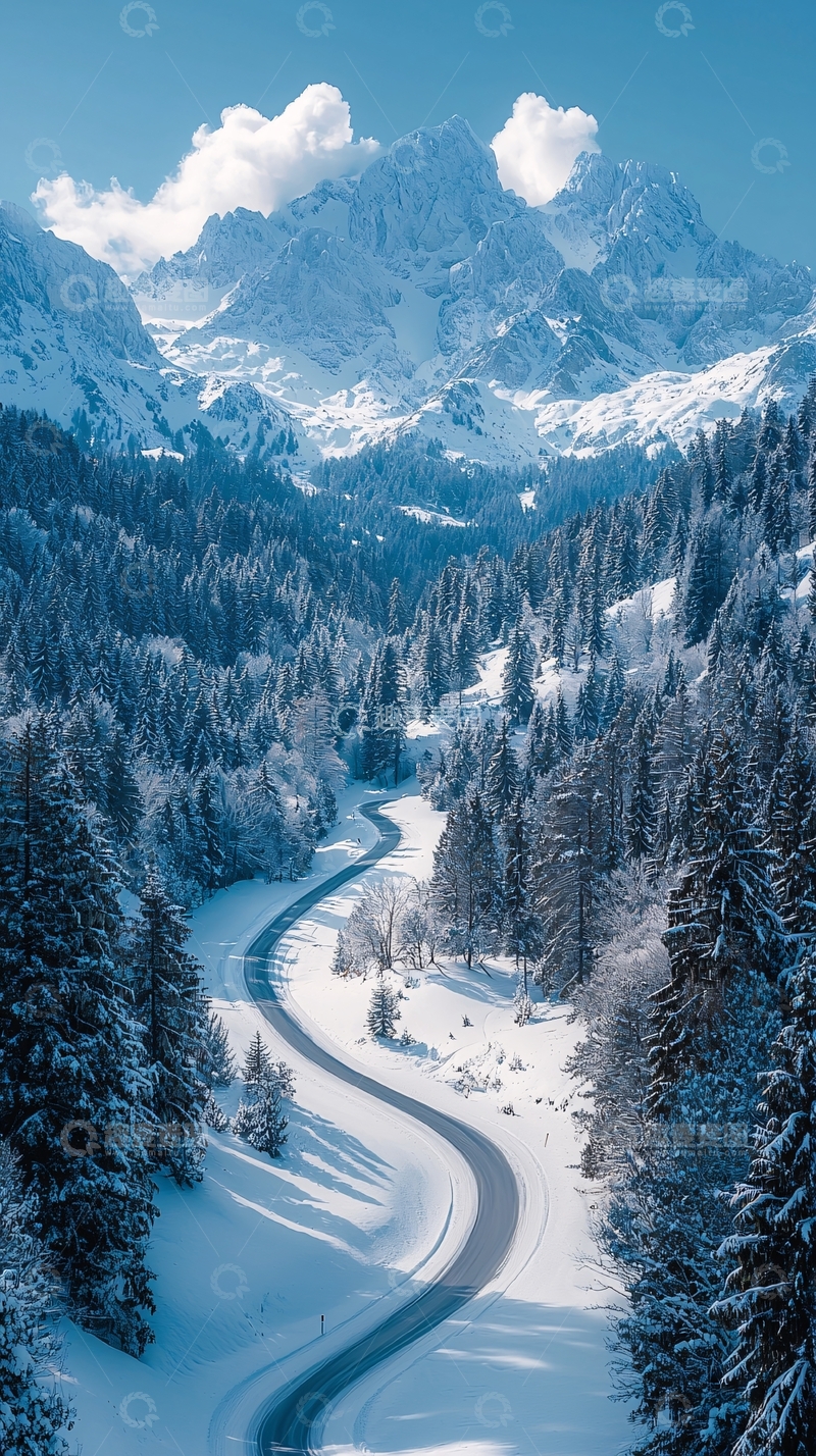 高清大图下载【趣麦麦图】雪山森林蜿蜒公路