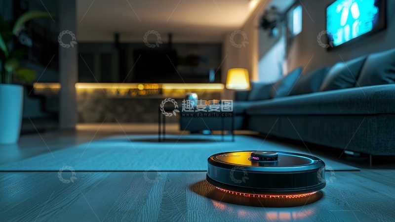 高清大图下载【趣麦麦图】智能扫地机器人夜晚工作