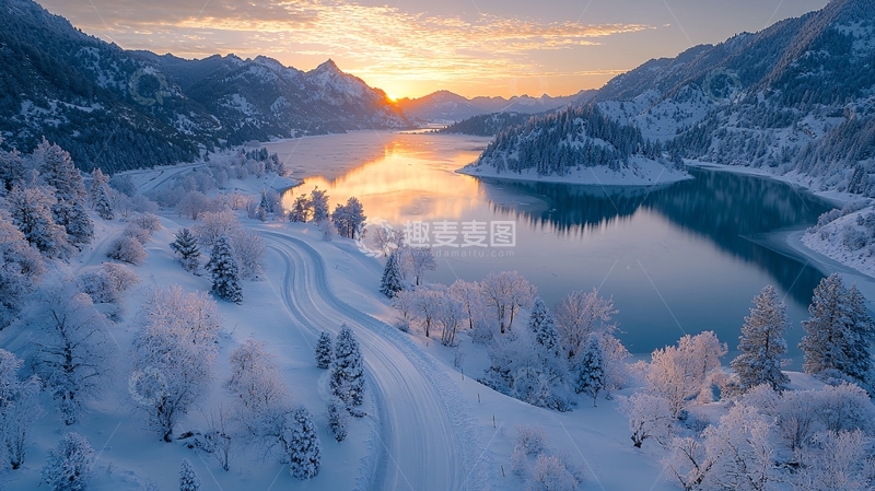 高清大图下载【趣麦麦图】宁静的雪山湖泊日出