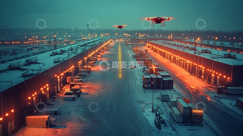 高清大图下载【趣麦麦图】夜间仓库无人机配送