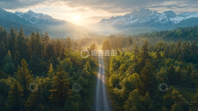 高清大图下载【趣麦麦图】山脉森林公路日出美景