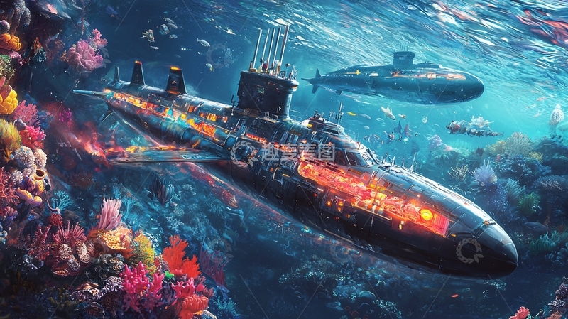 高清大图下载【趣麦麦图】深海潜艇珊瑚礁
