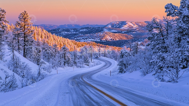 高清大图下载【趣麦麦图】雪山公路日出