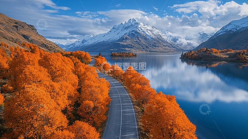 高清大图下载【趣麦麦图】秋色湖畔雪山公路