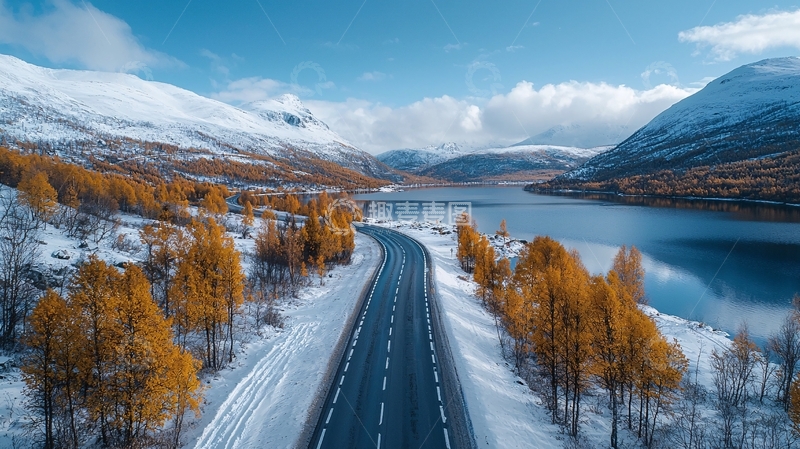 高清大图下载【趣麦麦图】雪山湖泊公路秋色