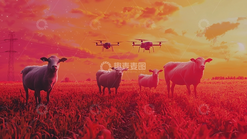 高清大图下载【趣麦麦图】红色夕阳下无人机监控羊群