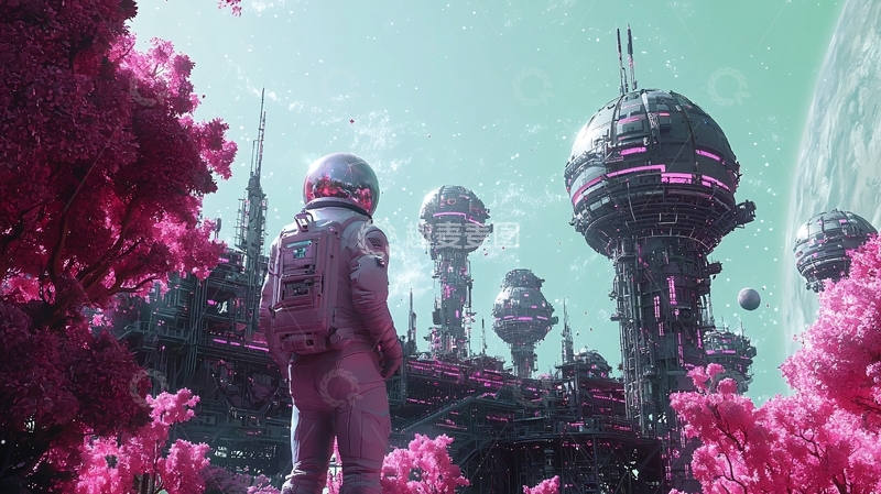 高清大图下载【趣麦麦图】太空宇航员粉色星球
