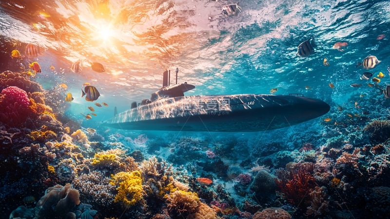 高清大图下载【趣麦麦图】阳光下珊瑚礁中的潜艇