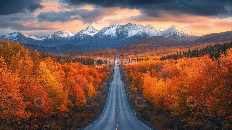 高清大图下载【趣麦麦图】秋日公路通向雪山