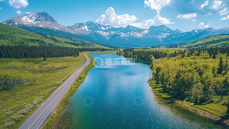 高清大图下载【趣麦麦图】山川河流公路绿树蓝天