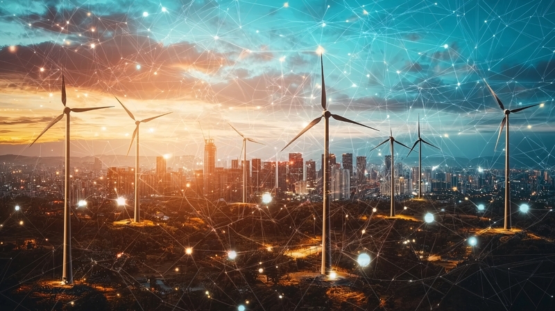 高清大图下载【趣麦麦图】风力发电机城市夜景