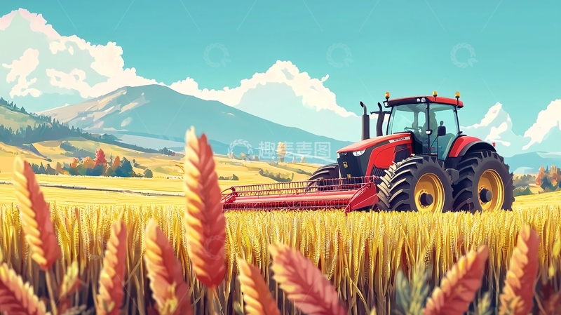 高清大图下载【趣麦麦图】田园风光下的红色拖拉机