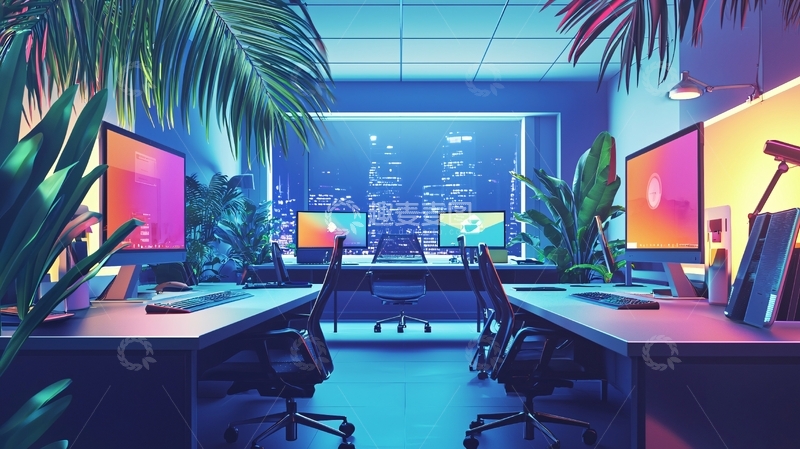 高清大图下载【趣麦麦图】霓虹灯下的热带办公室