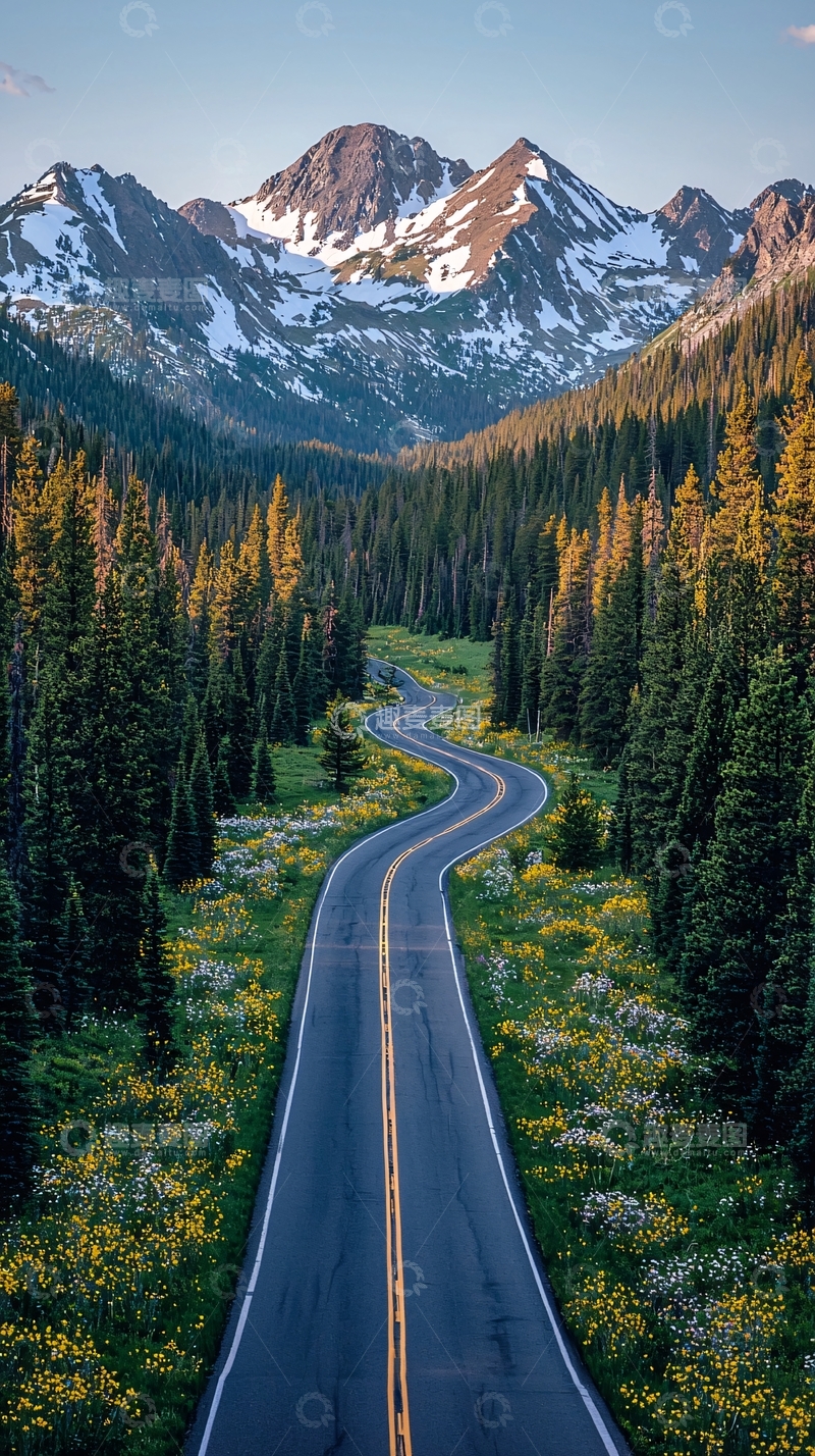 高清大图下载【趣麦麦图】蜿蜒山路通向远方雪山